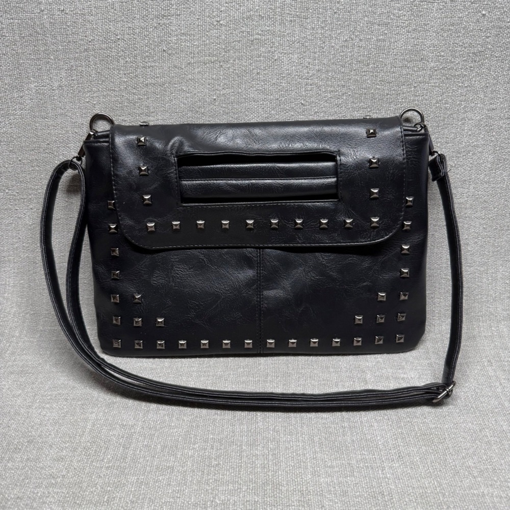 Black Faux Leather Studded Crossbody Bag Clutch Purse Punk Rock Goth Edgy Medium